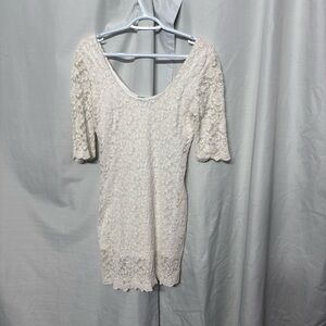 White Floral Lace Mini Dress 3/4 Sleeve Scalloped Hem Bridal Shower